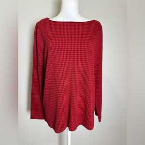 J Jill Red Knit Checkered Long Sleeve Top size large petite
